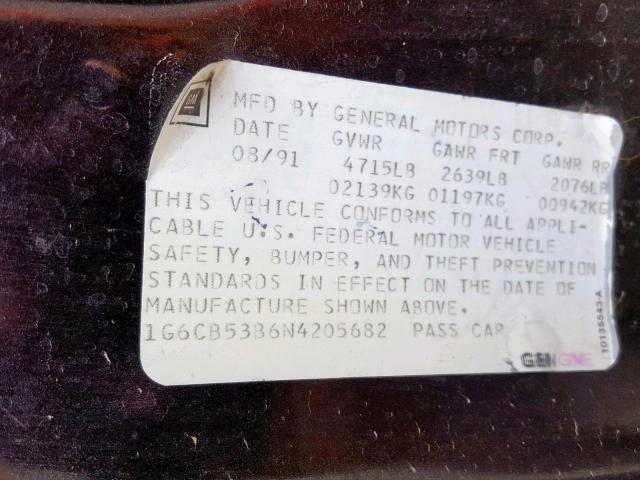 1G6CB53B6N4205682 - 1992 CADILLAC FLEETWOOD PURPLE photo 10