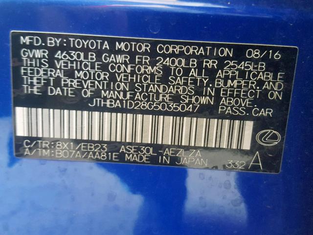 JTHBA1D28G5035047 - 2016 LEXUS IS 200T BLUE photo 10