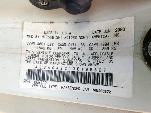 4B3AG42G13E199827 - 2003 DODGE STRATUS SE WHITE photo 10