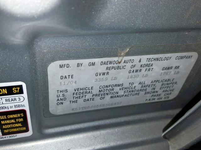 KL1TD52655B366457 - 2005 CHEVROLET AVEO BASE Gümüş foto 10
