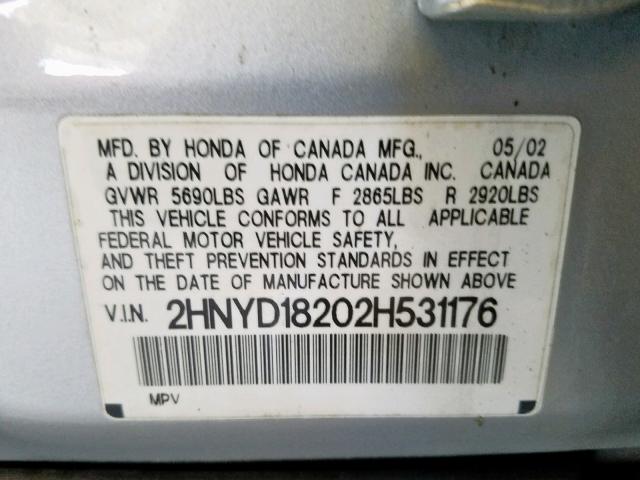 2HNYD18202H531176 - 2002 ACURA MDX SILVER photo 10