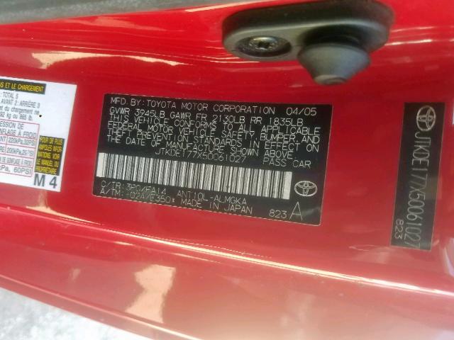 JTKDE177X50061027 - 2005 TOYOTA SCION TC წითელი ფოტო 10