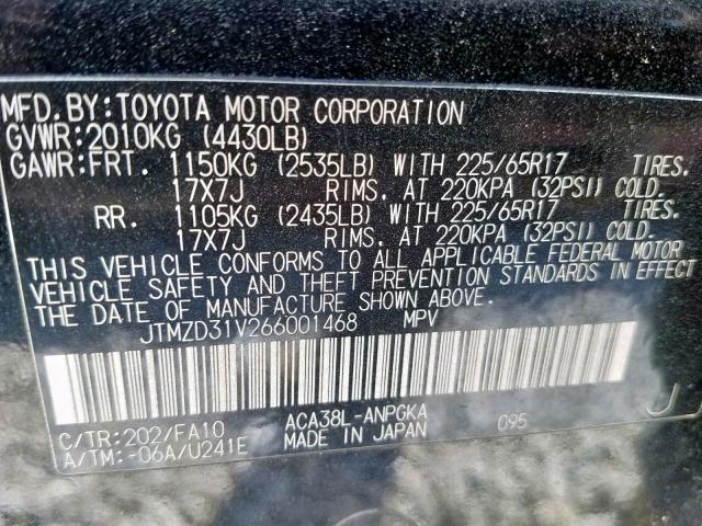 JTMZD31V266001468 - 2006 TOYOTA RAV4 LIMIT BLACK photo 10