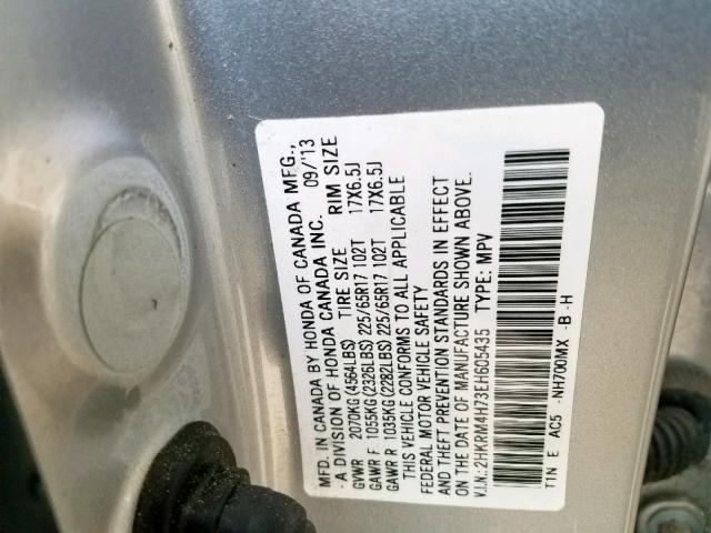 2HKRM4H73EH605435 - 2014 HONDA CR-V EXL SILVER photo 10