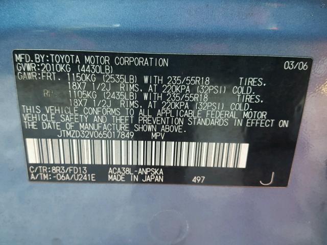 JTMZD32V065017849 - 2006 TOYOTA RAV4 SPORT BLUE photo 10