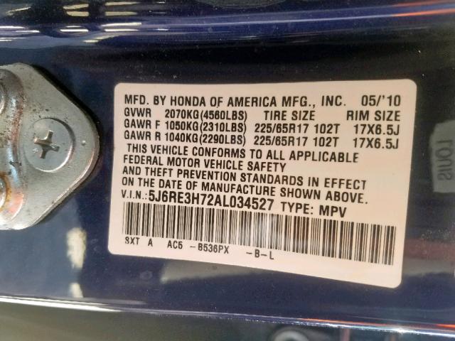 5J6RE3H72AL034527 - 2010 HONDA CR-V EXL BLUE photo 10