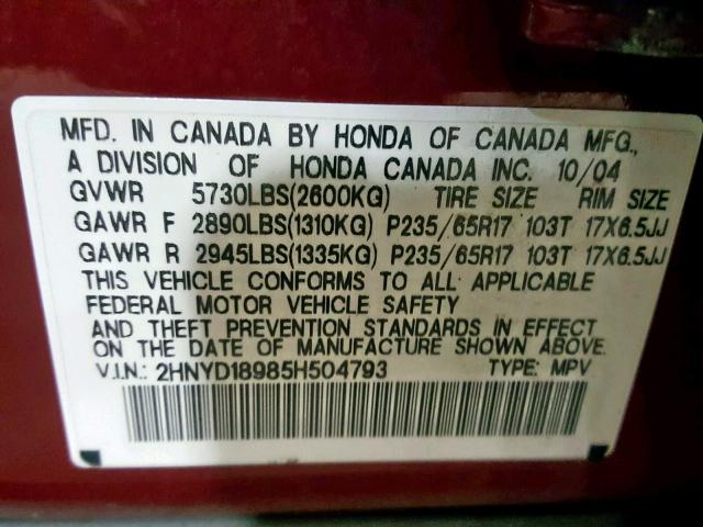 2HNYD18985H504793 - 2005 ACURA MDX TOURIN BURGUNDY photo 10