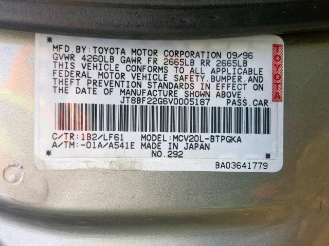 JT8BF22G6V0005187 - 1997 LEXUS ES 300 GRAY photo 10