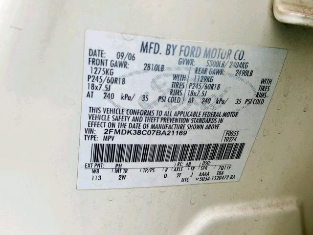 2FMDK38C07BA21169 - 2007 FORD EDGE SEL CREAM photo 10