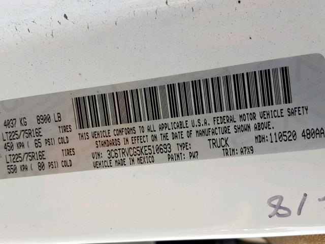 3C6TRVCG5KE510693 - 2019 RAM PROMASTER 白色 照片 10