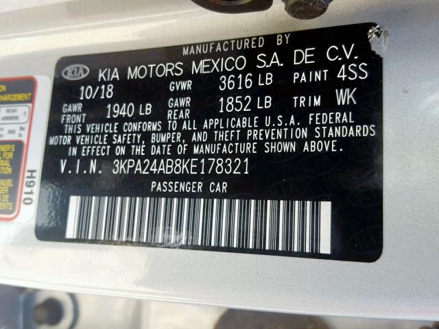 3KPA24AB8KE178321 - 2019 KIA RIO S SILVER photo 10