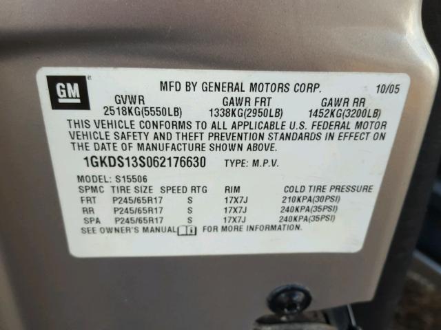 1GKDS13S062176630 - 2006 GMC ENVOY GRAY photo 10