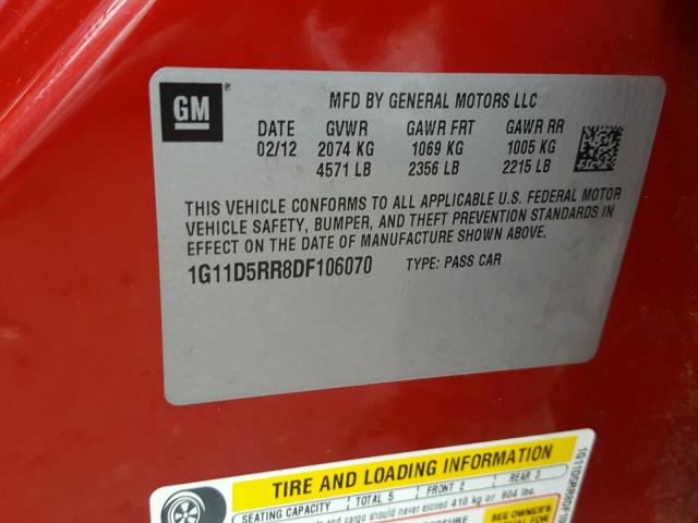 1G11D5RR8DF106070 - 2013 CHEVROLET MALIBU 1LT RED photo 10