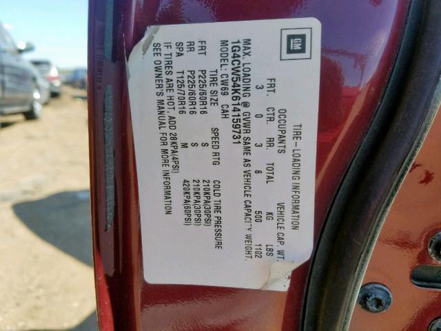 1G4CW54K614159731 - 2001 BUICK PARK AVENU MAROON photo 10