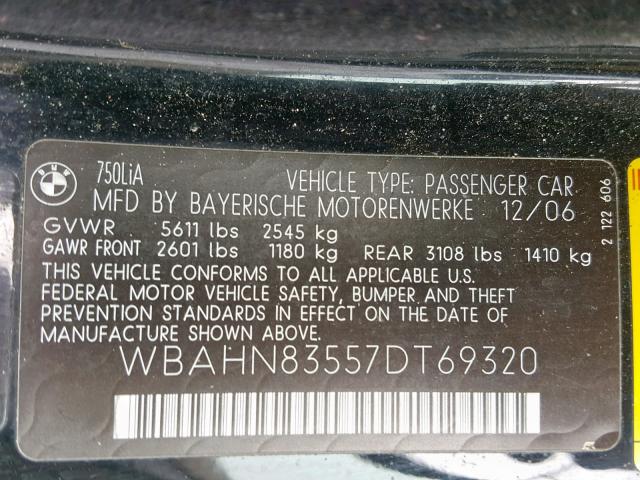 WBAHN83557DT69320 - 2007 BMW 750 BLACK photo 10