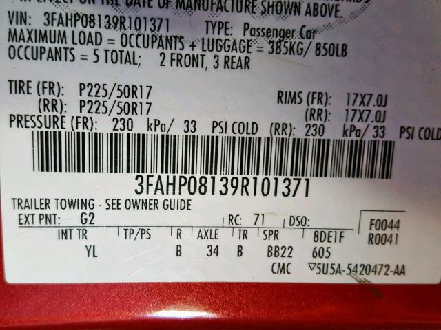 3FAHP08139R101371 - 2009 FORD FUSION SEL RED photo 10