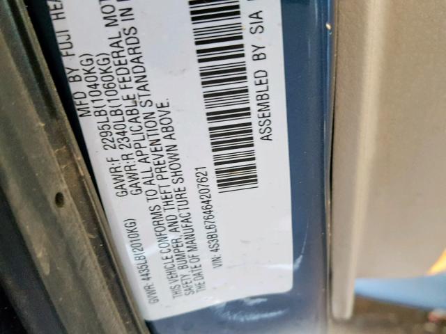 4S3BL676464207621 - 2006 SUBARU LEGACY GT BLUE photo 10