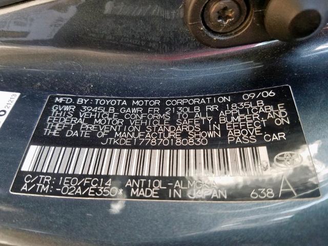 JTKDE177870180830 - 2007 TOYOTA SCION TC შავი ფოტო 10