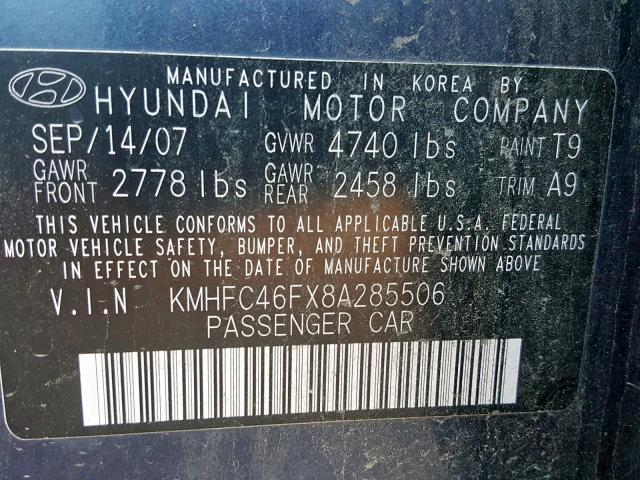 KMHFC46FX8A285506 - 2008 HYUNDAI AZERA SE BLUE photo 10