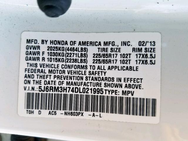 5J6RM3H74DL021995 - 2013 HONDA CR-V EXL WHITE photo 10