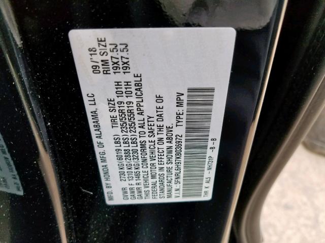 5FNRL6H97KB036972 - 2019 HONDA ODYSSEY EL BLACK photo 10