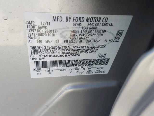 2FMDK3JC6CBA70476 - 2012 FORD EDGE SEL SILVER photo 10