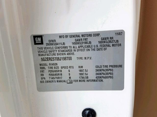 5GZER23708J198700 - 2008 SATURN OUTLOOK XR თეთრი ფოტო 10