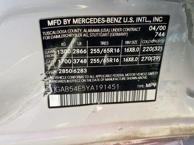 4JGAB54E5YA191451 - 2000 MERCEDES-BENZ ML 320 SILVER photo 10