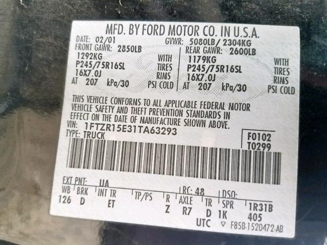 1FTZR15E31TA63293 - 2001 FORD RANGER SUP BLACK photo 10