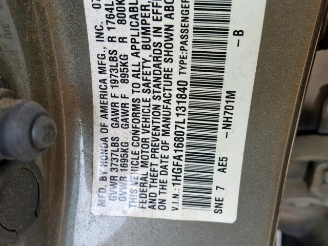 1HGFA16807L131840 - 2007 HONDA CIVIC EX SILVER photo 10