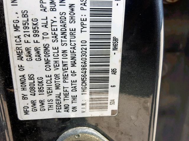 1HGCM56496A030210 - 2006 HONDA ACCORD LX GRAY photo 10