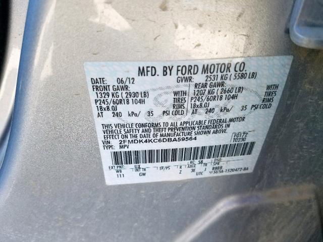 2FMDK4KC6DBA59564 - 2013 FORD EDGE LIMIT SILVER photo 10