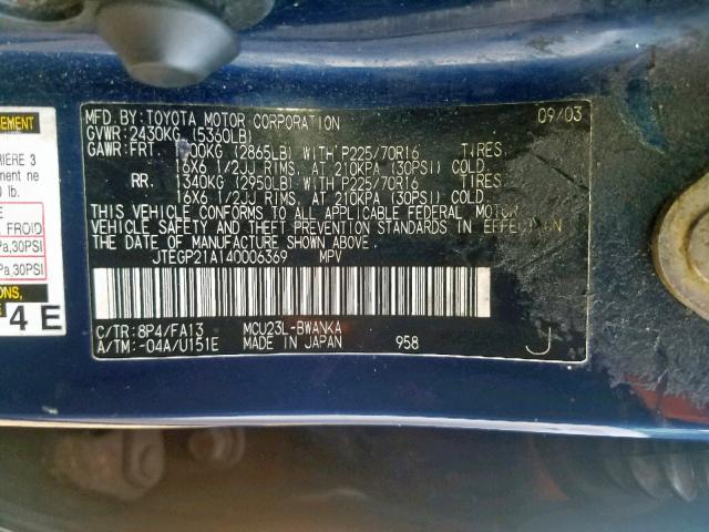 JTEGP21A140006369 - 2004 TOYOTA HIGHLANDER BLUE photo 10