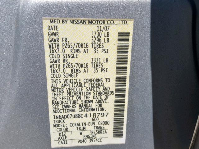 1N6AD07U88C418797 - 2008 NISSAN FRONTIER C GRAY photo 10