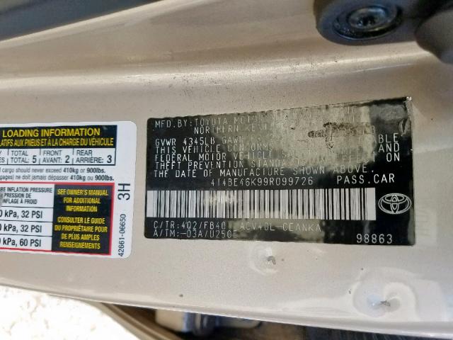 4T4BE46K99R099726 - 2009 TOYOTA CAMRY BASE TAN photo 10