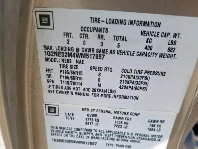 1G2NE52M4WM517957 - 1998 PONTIAC GRAND AM S TAN photo 10