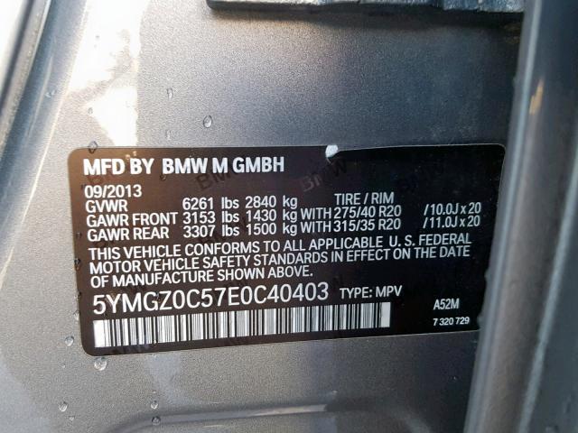 5YMGZ0C57E0C40403 - 2014 BMW X6 M GRAY photo 10