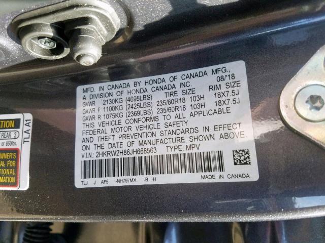 2HKRW2H86JH668563 - 2018 HONDA CR-V EXL CHARCOAL photo 10