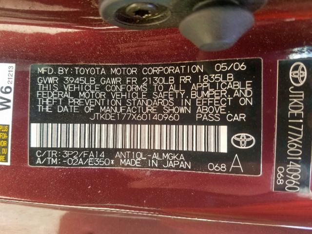 JTKDE177X60140960 - 2006 TOYOTA SCION TC წითელი ფოტო 10