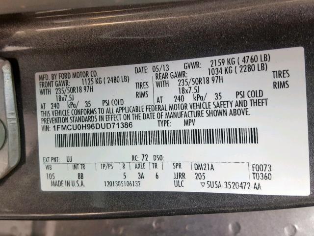 1FMCU0H96DUD71386 - 2013 FORD ESCAPE SEL CHARCOAL photo 10