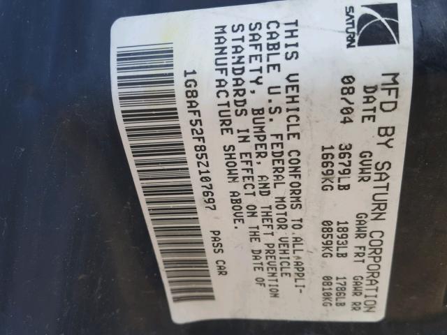 1G8AF52F85Z107697 - 2005 SATURN ION LEVEL SILVER photo 10