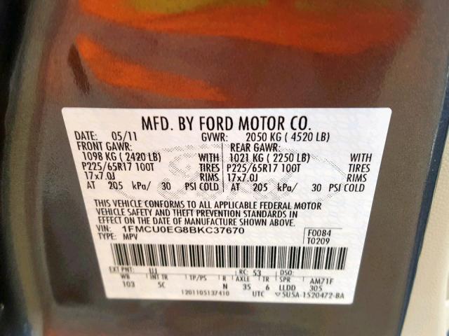 1FMCU0EG8BKC37670 - 2011 FORD ESCAPE LIM GRAY photo 10