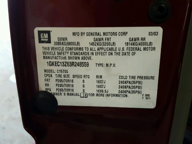 1GKEC13Z63R248559 - 2003 GMC YUKON MAROON photo 10