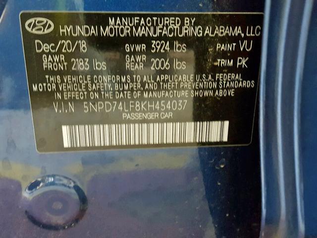 5NPD74LF8KH454037 - 2019 HYUNDAI ELANTRA SE BLUE photo 10