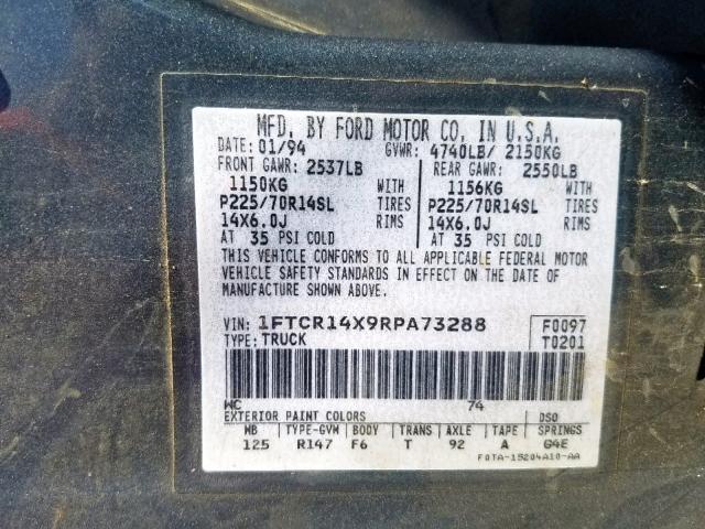 1FTCR14X9RPA73288 - 1994 FORD RANGER SUP GRAY photo 10