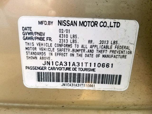 JN1CA31A31T110661 - 2001 NISSAN MAXIMA GXE GOLD photo 10