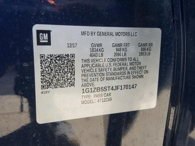 1G1ZB5ST4JF170147 - 2018 CHEVROLET MALIBU LS 蓝色 照片 10