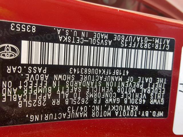 4T1BF1FK4DU683143 - 2013 TOYOTA CAMRY L BURGUNDY photo 10