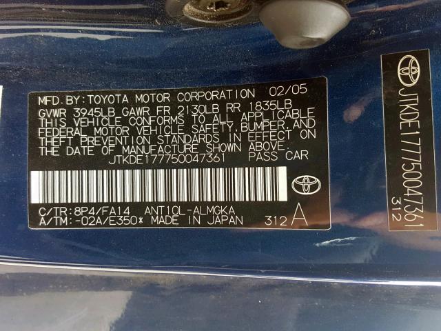 JTKDE177750047361 - 2005 TOYOTA SCION TC ლურჯი ფოტო 10