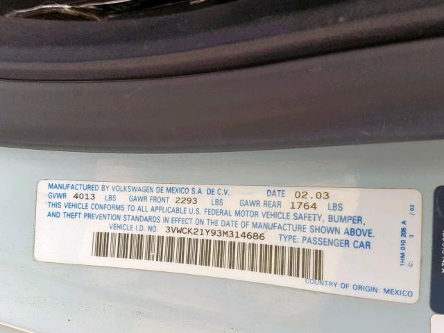 3VWCK21Y93M314686 - 2003 VOLKSWAGEN NEW BEETLE ლურჯი ფოტო 10